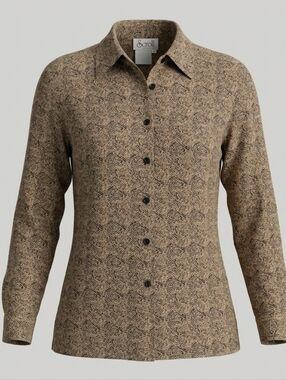 Vintage Script 100% Silk Women's Tan And Black Casual Button Down Shirt Size 6